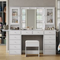 Makeup table, with a mirror and 10 LED lights, a dressing table with 12 drawers and 2 cabinets, a foldable panel glass surface
