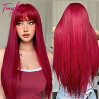 Perruques synthétiques de Cosplay rouge vin naturel, cheveux longs et lisses avec frange pour femmes noires, perruque résistante à la chaleur pour fête quotidienne d'halloween