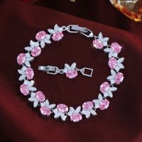 ThreeGraces Elegant Sparkling Pink Oval Shape Zirconia Bridal Wedding Party Rabbit Link Chain Tennis Bracelet for Women BR476