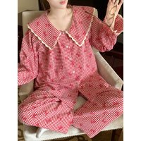 New Seasonal Nightwear for Women: Cardigan-Style Checked Pinafore-Neck Long-Sleeved Pyjamas with Trousers – Homewear Set
