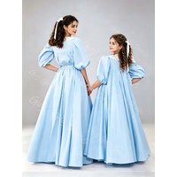 A-line/Princess Satin First Communion Dress High Waist Balloon Sleeve Flower Girl Dress Lace Shawl Customized Wedding Party Gown