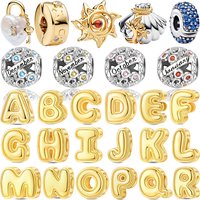 925 Silver A-Z 26 Alphabet Letter Bead Charms Golden Plated Cute Lucky Month Spacer DIY Bracelet Making Parts Fine Jewelry