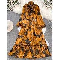 Spring Autumn New Women's Long Sleeved Dress Temperament Loose Large Size Lace Up printed long Dress Female C329