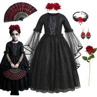 Costume d'Halloween Gothique Vampire pour Filles, Robe Longue en Dentelle Noire, Ensemble Éventail et Bijoux de Cheveux Rose, Tenue de Cosplay Reine Sombre pour Enfants
