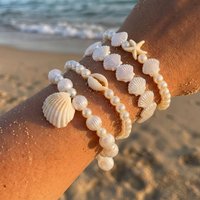 Bohemian Starfish Shell Charm Bracelets for Women Beach Scallops Imitation Pearl Beaded Bangle Summer Vacation Party Jewelry