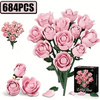 Romantic Rose Flower Building Blocks Set Pink Roses Flowers Toys for Adults, Plant Desk Decoration Bricks Gifts for Girls