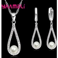 Pure 925 Sterling Silver Shiny CZ Crystal Water Drop Pearl Necklaces Pendant Chain Earrings Woman Fine Wedding Jewelry Set Gift