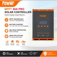PowMr Lokalna Wysyłka Regulator MPPT 60A Maks 160V wejście PV napięcie 12/24/36/48V do 12 urządzeń równolegle akumulatory LiFePO4 gelowe zamknięte do kamperów domów systemów off-grid magazyn DE PL