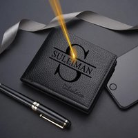 Personalized Custom Name Men Lychee Print Short Wallet Casual Zipper Credit Card Purse with Multi Slot ID Holder and Coin Pocket