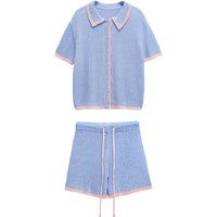 Women Y2K Summer Casual Women's Sets Thin Hollow Knitted Short Sleeve Loose Cardigan Crop Top Shorts Patchwork Design 3920260