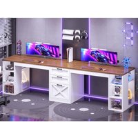-For 96.5" Computer Desk with Drawers, 2 Person Home Office Desk, Gaming Double Desk with Storage Shelves, Long Two Person&