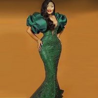 Customized Puff Sleeves Bead Sequined Green Prom Dresses Mermaid Evening Dress Plus Size Party Gowns For African Women robes de