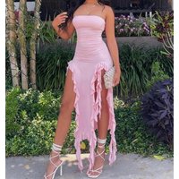 Women Strapless Sexy Floral Fold Hemline High Slit Mini Dress 2024 Solid Backless Sleeveless Black And Pink Party Dress Vestidos