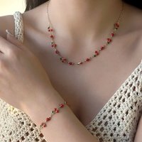Cute Sweet Red Cherry Chain Bracelet Necklace for Women Boho Fruit Cherry Clavicle Chain Trendy Jewelry Set Wedding Party Gift