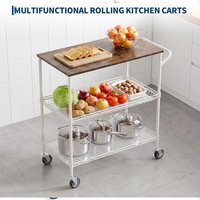 35.43in Rolling Kitchen Cart on Wheels, 550Lbs 3-Tier Heavy Duty Utility Cart with Wood Top, 2 Shelf Liners, 10 Hooks, 360° Swivel and Lockable, Metal Serving Storage Cart for Restaurant