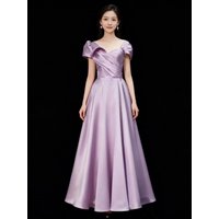 Robe de soirée élégante en satin violet L&P DQL Studio, robe de soirée à manches courtes, fermeture éclair au dos, robe de bal
