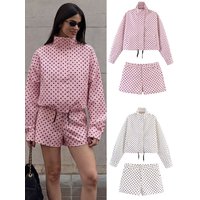 HH Women Elegant Pink Polka Dot 2 Piece Outfit High Neck Short Jacket High Waist Shorts Versatile Daily Streetwear For Women Set