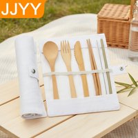 Bamboo Travel Cutlery Set Fork Knife Spoon Chopsticks Straw Portable Bag Carabiner Eco Friendly Wooden Utensil Kit