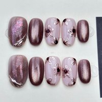 10pcs Cat's Eye Handmade Fake Nails Tips Pink Smudge Short Oval False Nail Art with Flower Rhinestone Design Press on Nails Sets