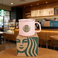 Starbucks Pink Badge Mug 355ml Siren Enamel Style Cup Gold Rim Great Collectible For Fans