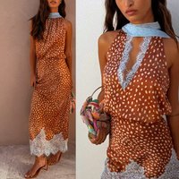 Irregular Polka Dots Print Skirt Two Piece Set Women See Through Lace Patchwork Sleeveless Tops A-line Skirt 2 Piece Sets Female