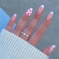24PCS Pink French Pointed Nail Medium Size Almond Fake Nail Design, Butterfly Pearl Knot, Acrylic Nail Gloss, Fully Covered Nail