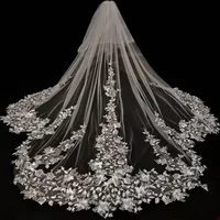 Customized Elegant Floral Lace Cathedral Wedding Veil | Two Tier Ivory Long Bridal Veil
