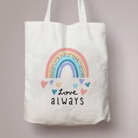 Pastel Rainbow Heart Love Always Letter Canvas Tote Bag Handbag For Daily Commute Shopping And Short Travel Use