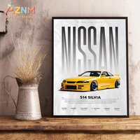 AZNM Yellow Nissan S14 Silvia JDM Drift Car Canvas Wall Art, Single Unframed Print, Japanese Classic Sport Car Specs Poster For