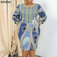 Plus Size VONDA Bohemian Midi Dresses Women Fashion Long Sleeve Print Vintage Party Long Vestidos 2026 Casual Oversize Robe 5XL