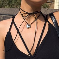Exagéré Noir Velours Grand Coeur Pendentif Collier Ras Du Cou Femmes Noué Bowknot Réglable Corde Chaîne Bijoux Wed Accessoires