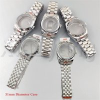 Boîtier de montre en acier inoxydable argenté avec bracelet, lunette cannelée polie ronde, verre saphir, loupe, adapté au mouvement NH05 NH06, 31mm
