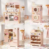 Robud Kids Wooden Pink Play Kitchen All in 1 Corner Set Includes Oven Refrigerator Washer Perfect Birthday Gift for Little Chefs