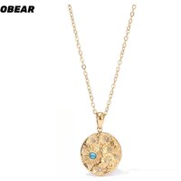 Stainless Steel Geometric Circle Pendant Necklace - Gold/Silver Tone Turquoise & Crystal Inlaid Boho Jewelry for Women