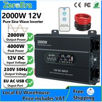 ZeroEra Pure Sine Wave Inverter 2000W 12V DC to 230V AC 50Hz Portable Car Power Inverter for Motorhome RVs Truck Camping Off-Grid Use with Remote Control USB C Port EU AC Socket LCD Display EU Stock