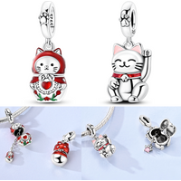 925 Sterling Silver Openable Cat Charms Bead CZ Zircon Lucky Cat Golden Heart Pendants Fit Original Bracelet DIY Jewelry Gift