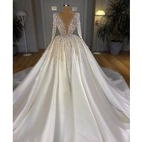 Satin Pearls Wedding Dresses Luxury 2024 Bride Puffy Ball Gown Beads V Neck Long Sleeves Saudi Arabia Bridal Gowns Customized