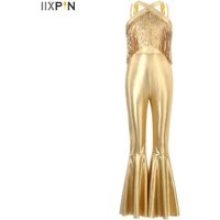 Girls 70S Disco Jumpsuit Metallic Shiny Sequins Tassels Bodysuit Vintage Hippie Bell Bottom Jazz Dance Rave Party Romper Costume