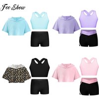 3Pcs Girls Sports Set Vest+Hooded Crop Top+Shorts Sportswear Set for Child Dance Yoga Running Cycling Workout Costume Activewear