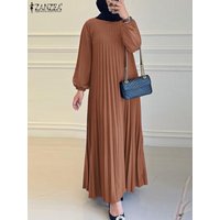 ZANZEA Autumn Robe Femme Casual Loose Dubai Abaya Vestido Vintage Long Sleeve Pleated Sundress Women Fashion Solid Muslim Dress