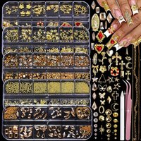 24grid Mixed Gold Silver Cross Bow/Heart/Flower Nail Charms Butterfly Round Beads 3D Nail Rhinestones DIY Jewelry Accessories