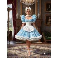 Shiny PVC Maid Prom Dress Knee-Length Short Puff Sleeves Frilly Ball Gown Light Sky Blue Cosplay Party Costume Customized