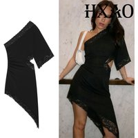 HXAO 2026 Asymmetric Black Dress Cut Out Mini Lace Dress Women's Dress Bodycon One Shoulder Summer Dresses Sexy Party Dresses
