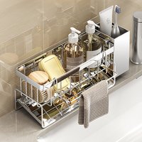 Bathroom Sink Storage Rack Metal Drain Rack with Cutlery Container Dishwashing Sponge Holder Kitchen Countertop Storage Shelf