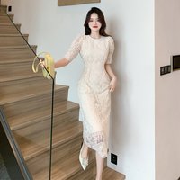 Elegant Lace Bubble Sleeve round Neck Long Dress Women's Summer High-End Sensation Classy Atmosphere Polyester Fiber Short Sl...