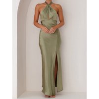 2025 Summer New Women's Sexy Waist Hanging Neck Split Long Sleeveless Style Satin Commuting Vacation Style Dress