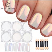 SWEET TREND-6pcs Aurora Pearl Rainbow Chrome Nail Powder Clear White Moonlight Nail Powder Pigment Rubbing Dust Nail Supplies