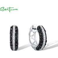 SANTUZZA Authentic 925 Sterling Silver Hoop For Women Black Spinel White Cubic Zirconia Classic Party Delicate Fine Jewelry