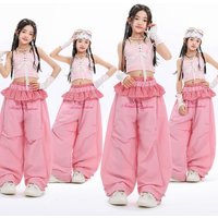 Girl Hip Hop Dance Costume for Stage Perfromance Children Jazz Dancewear Pink Kids Summer Suit Street Dance Vest Outerwear