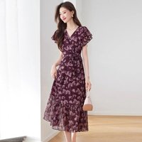 Women's Dark Purple Floral Print Ruffle Sleeve Maxi Dress V-Neck A-Line Wrap Dress With Belt For Elegant Casual Daily Wear